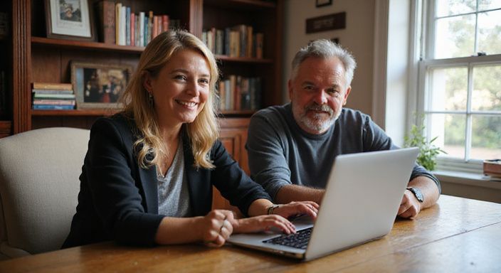Twee volwassenen delen een intiem moment tijdens videoconferentie over senioren dating in kantoor.