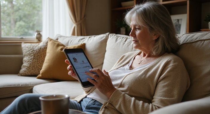 Een ontspannen vrouw bekijkt een dating-app voor senioren dating op haar iPad.