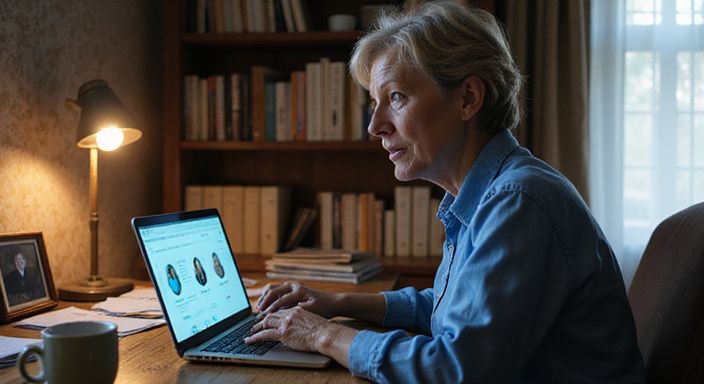 Vrouw in vijftig met concentratie, scannend op datingapp op laptop.