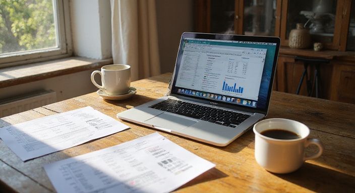 Een houten bureau met een MacBook en datingapp-onderzoeksdocumenten.