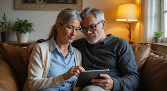 Een ouder echtpaar bekijkt samen een datingprofiel op een tablet.