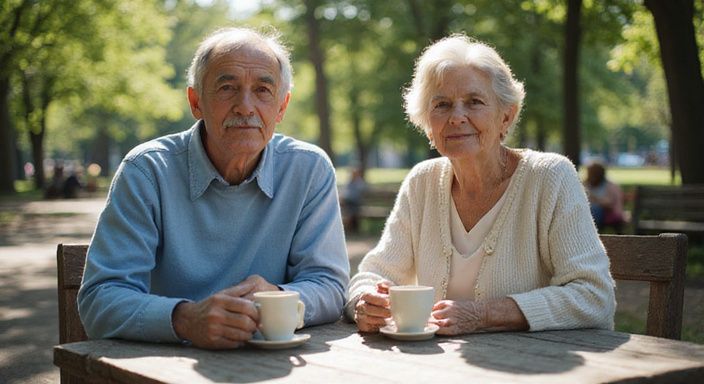 Twee oudere mensen genieten van koffie aan een houten tafel in het park.