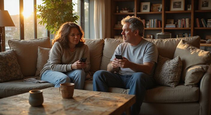Twee volwassenen ontspannen op een bank, met smartphones in de hand op zoek naar senioren dating.