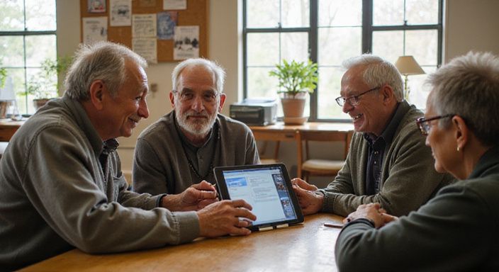 Oudere volwassenen delen hun ervaring met de SooS-app aan tafel.