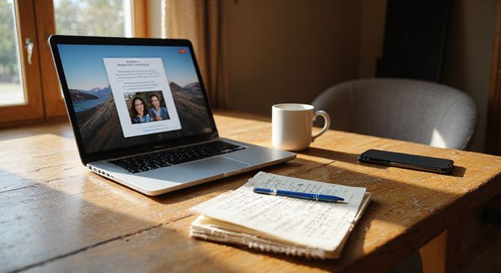 Een open laptop naast een notitieboek en foto op een bureau.