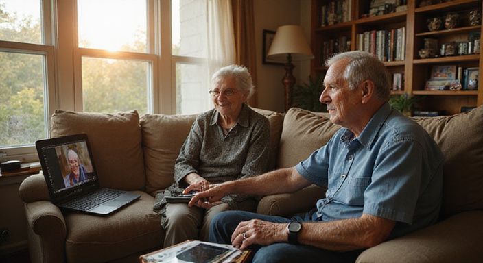 Een groep senioren bekijkt een laptop en een tablet in de woonkamer.