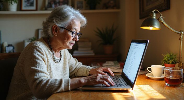 Een oudere vrouw overweegt een datingprofiel voor senioren dating aan te maken.