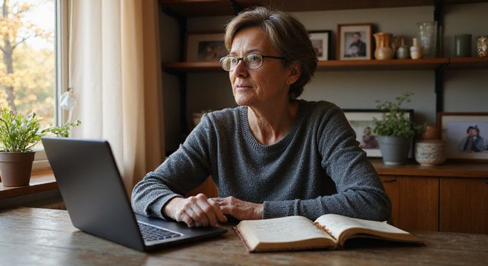 Vrouw in haar vijftiger jaren, verdiept in een datingprofiel voor senioren dating.