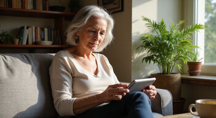 Een oudere vrouw verdiept in een datingapp op haar tablet.