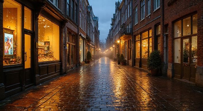 Een rustige, natte straat in het historische centrum van Amsterdam.