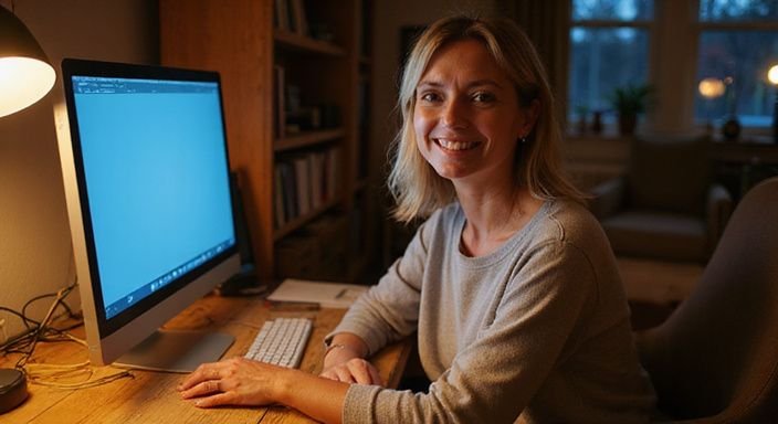 Een vrouw met een ontspannen houding tijdens een video-oproep voor sexchatten met oudere vrouwen.