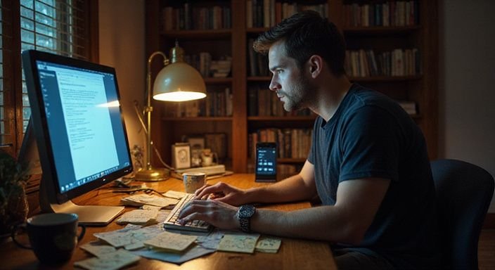 Een man zit nerveus achter een bureau met een computer.