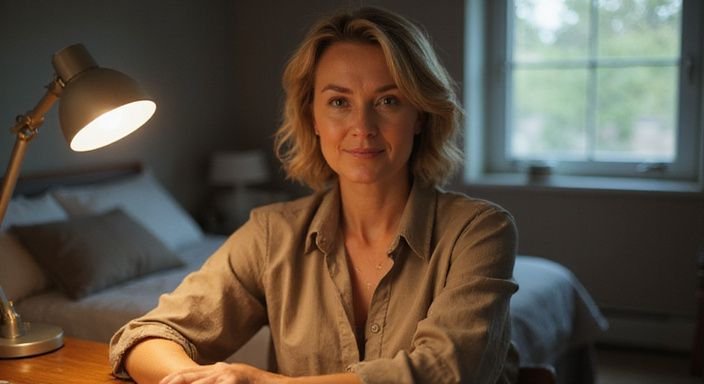 Een vrouw in haar vijftiger jaren is ontspannen tijdens een videogesprek voor sexchatten met oudere vrouwen.