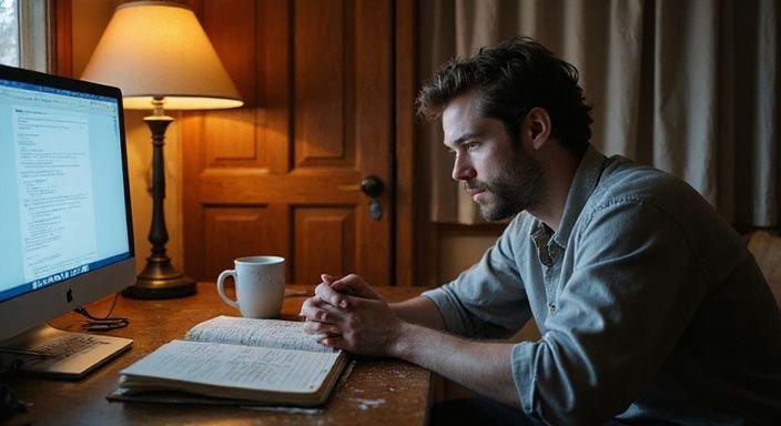 Een contemplatieve persoon zit achter een versleten bureau in een thuiskantoor.