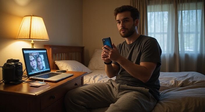 Een persoon in loungewear zit concentrerend op bed met smartphone en gaat sexchatten met oudere vrouwen.