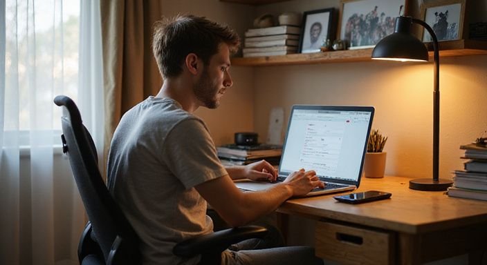 Een jonge man werkt geconcentreerd aan zijn laptop in een thuisbureau en gaat sexchatten met oudere vrouwen.
