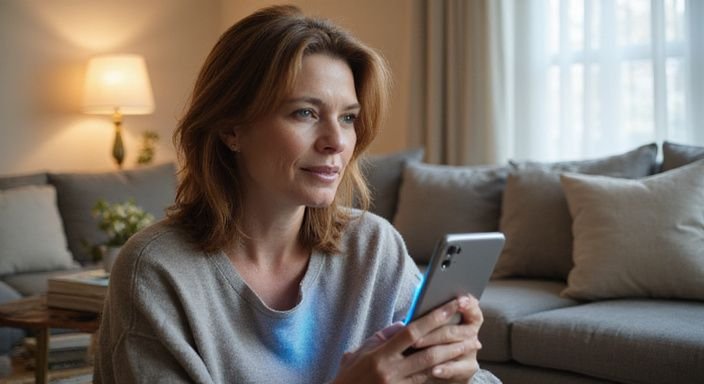 Een vrouw van in de 40, zittend op een moderne bank.