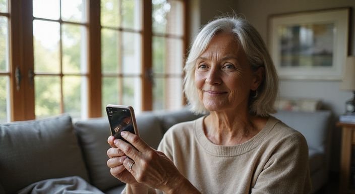 Een vrouw van in de zestig kijkt ontspannen naar haar smartphone.