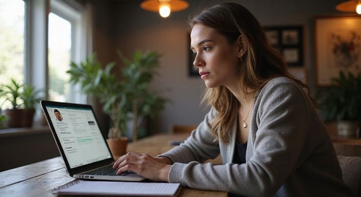 Een vrouw werkt geconcentreerd aan haar laptop in een thuis kantoor en wil sexchatten met oudere vrouwen.